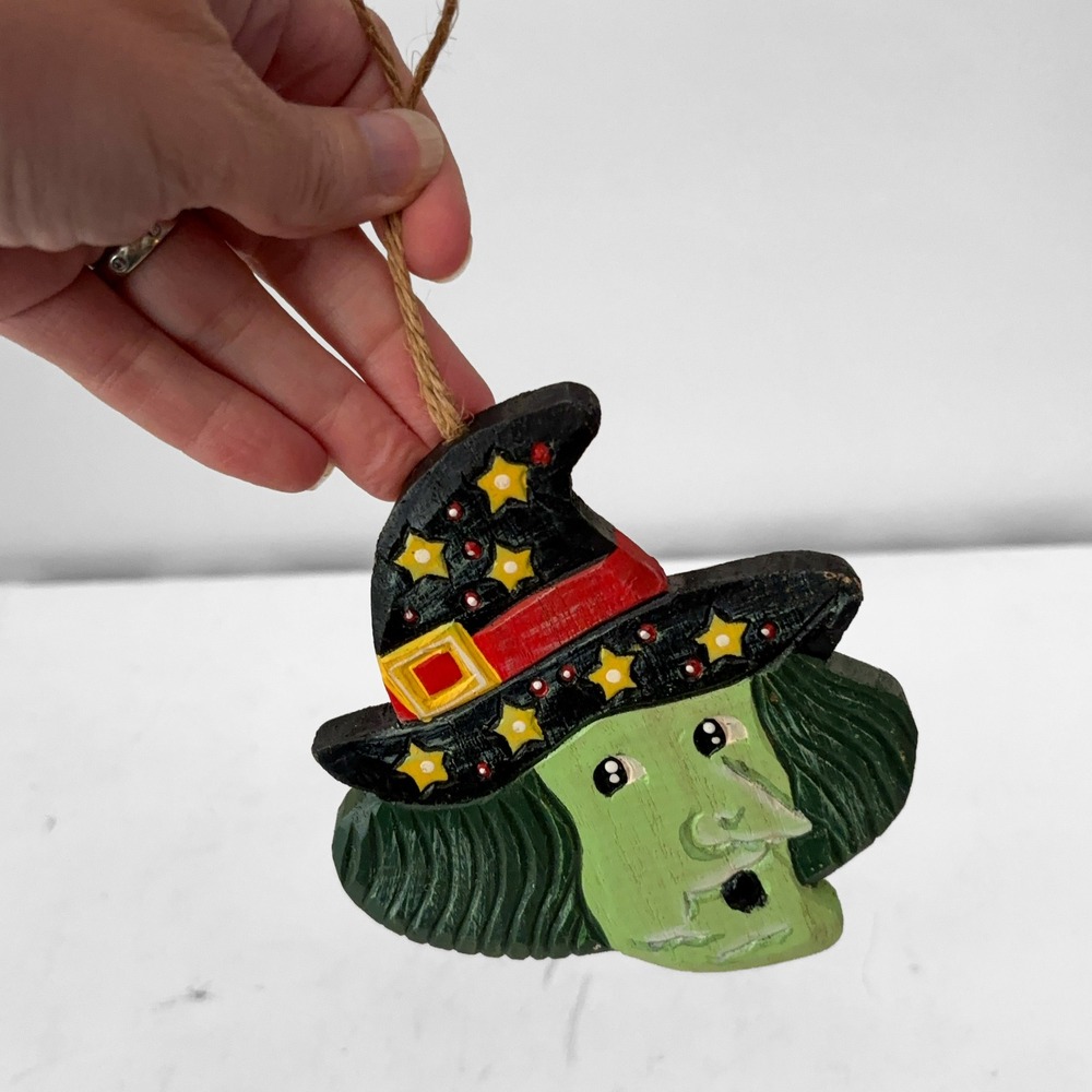 VTG Wooden Witch Ornaments Set of 9 Hand Painted Halloween Decor